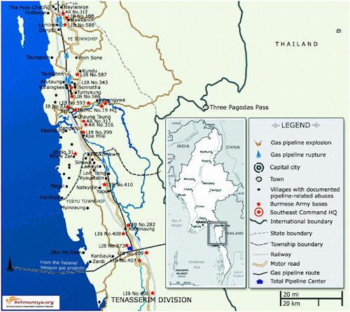 locations of villagers that report human rights violations along Kanbauk to Myaing Kalay gas pipeline