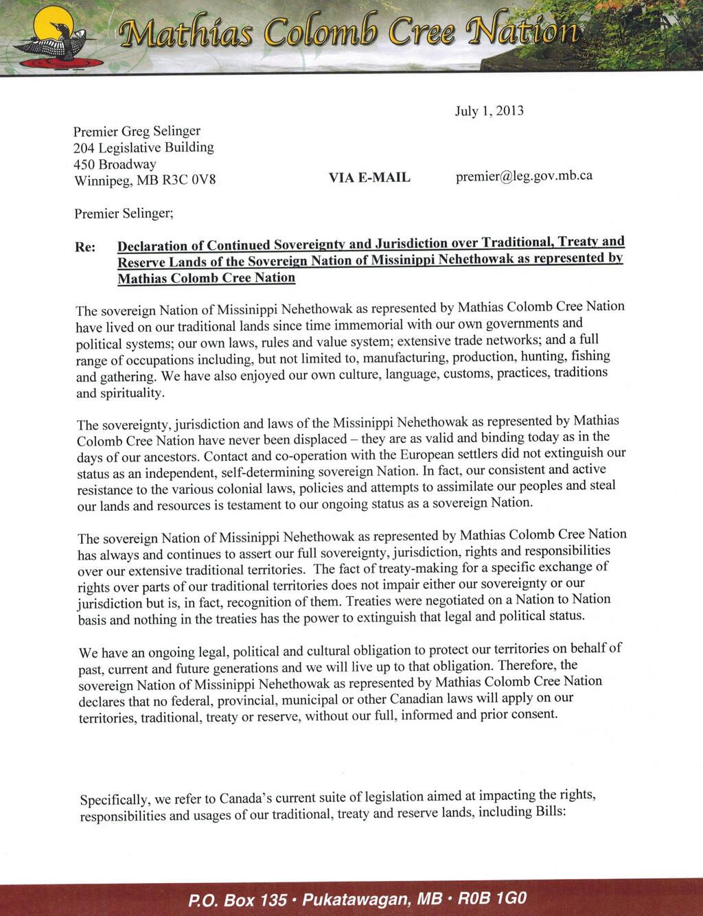 Mathias Colomb Cree Nation Executes Moratorium and Delivers Eviction Order to Hudbay Minerals and the Province of Manitoba
