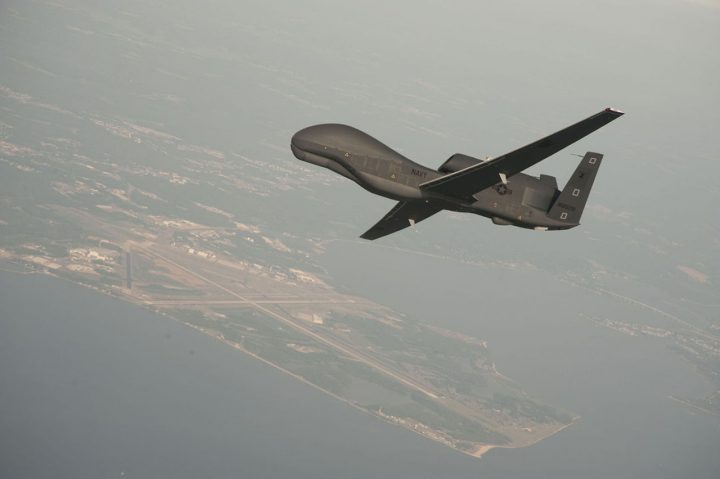 US Navy handout photo of a RQ 4 Global Hawk drone over Naval Air Station Patuxent River
