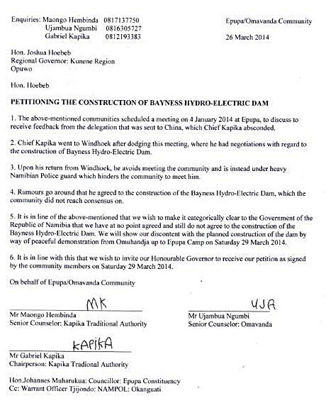 Himba Protest Letter 26 March 2014, explaining that they continue to object to dam construction and their objection to bribery attempts by the government of Namibia with the goal to get Himba Chief Kapika to sign a consent document to the dam.