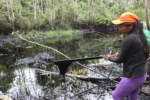 Glob of oil drips from a stick dipped into a pool beside the submerged pipeline. (Photo: Barbara Fraser)