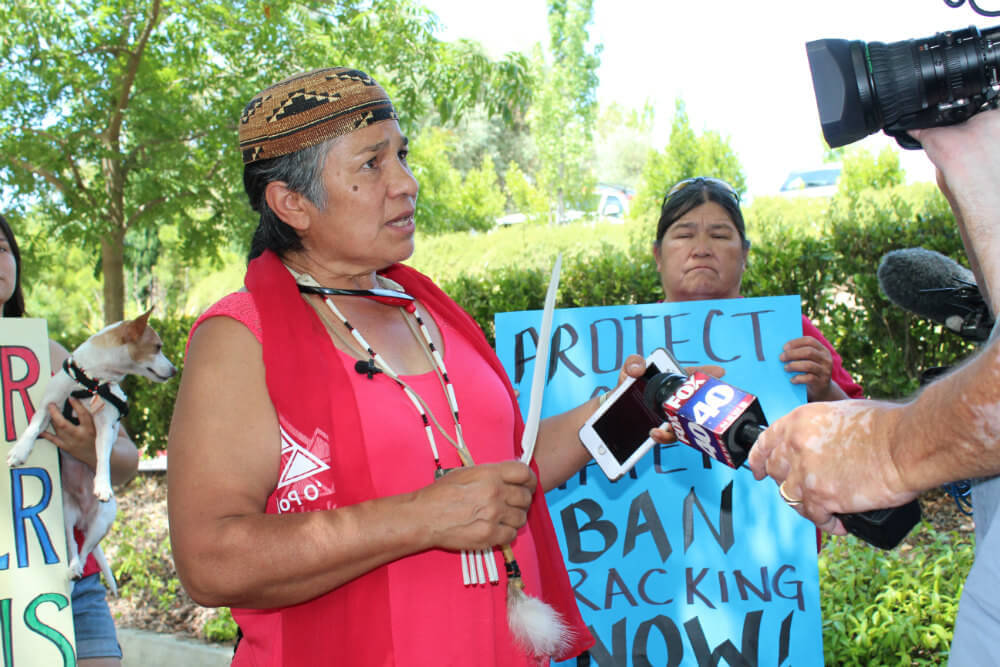 Caleen Sisk, Chief and Spiritual Leader of the Winnemem Wintu Tribe, is interviewed by FOX 40 TV News. Photo by Dan Bacher.