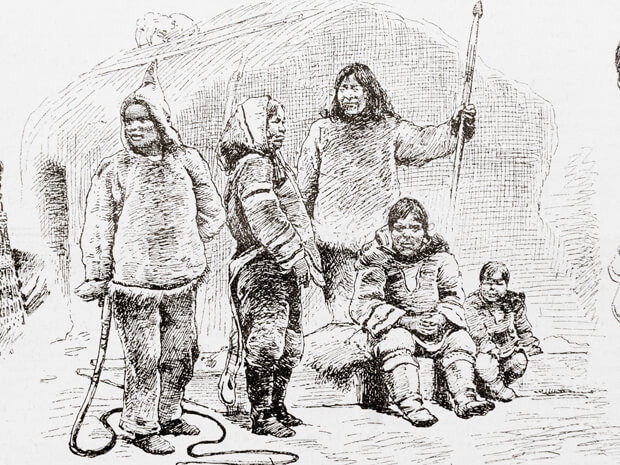 Labrador Inuit in front of a hut - illustration published in Prague's Svetozor weekly newspaper, 1880.