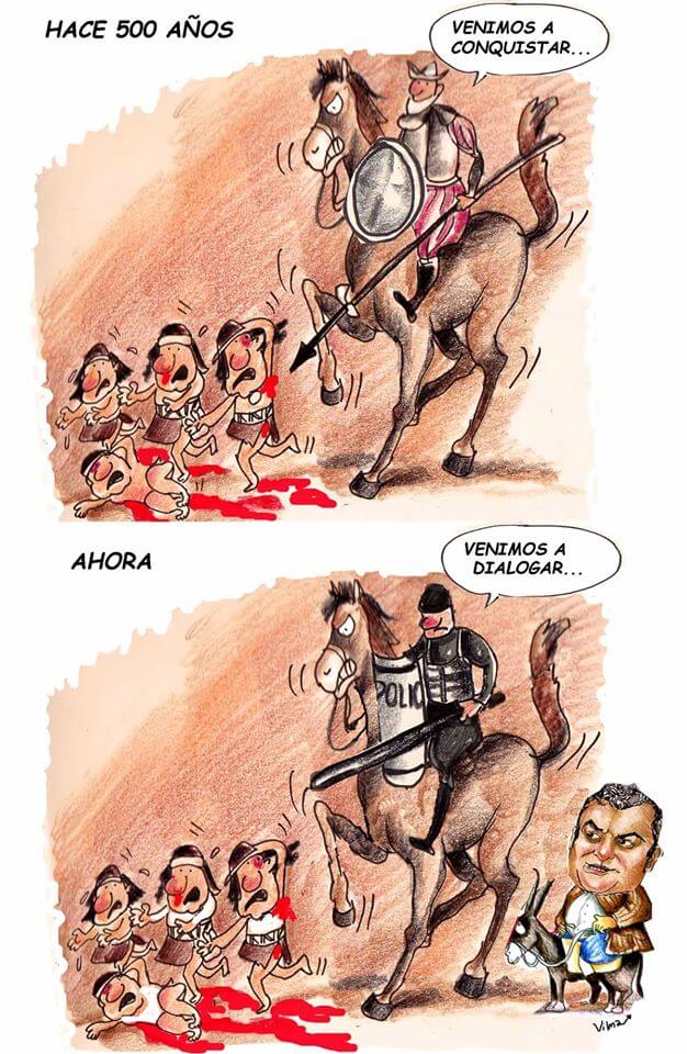 "500 years ago - we came to conquer. Now - we come to negotiate". Illustration by Vilma Vargas.