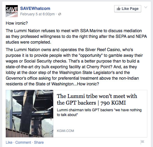 February 5, 2015 post from the SAVEWhatcom Facebook page
