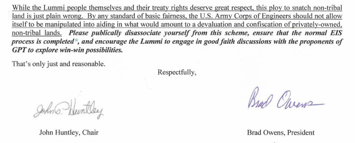 Signatures of John Huntley and Brad Owens on the Northwest Jobs Alliance, August 20, 2015 letter to the U.S. Army Corps of Engineers