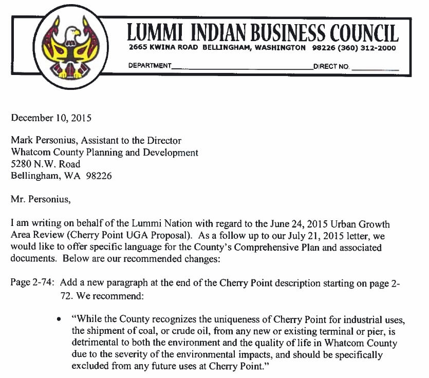 Excerpt from December 10, 2015 comment letter submitted to Whatcom County Planning and Development by the Lummi Nation Planning Department
