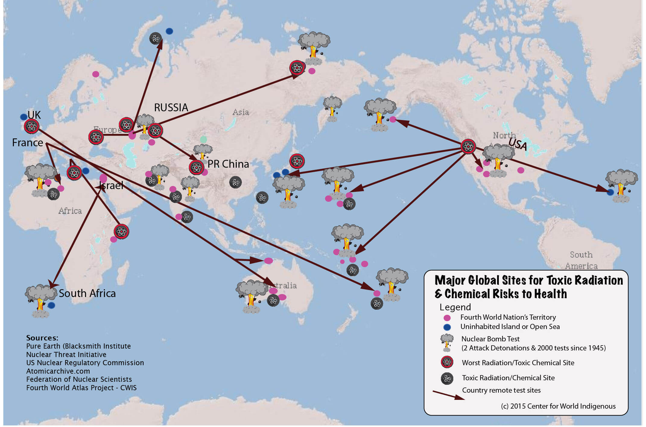 Figure 2 Nine states detonated more than 2150 nuclear bombs since 1945 and dumped waste in Fourth World territories into the present after most bomb tests ceased.