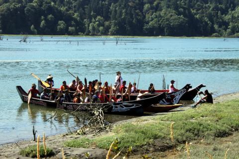  Tribal communities are greeted upon arrival at the 2016 Paddle to Nisqually. Photo by G.H. Thorn 