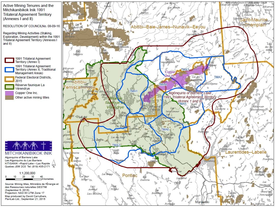 Active Mining Tenures and the Mitchikanibikok Inik 1991 Trilateral Agreement Territory (click to enlarge)