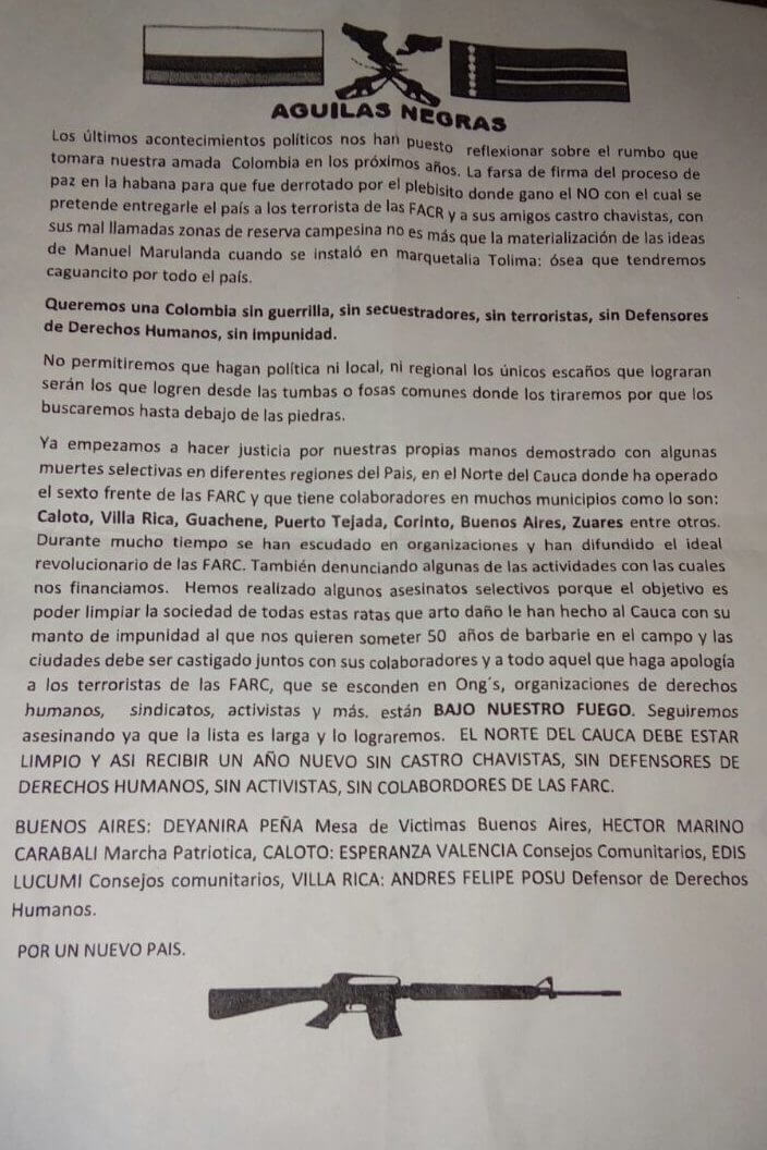 A typical Black Eagles death threat, this time threatening predominantly Afro-Colombians. Photo: Robin Llewellyn