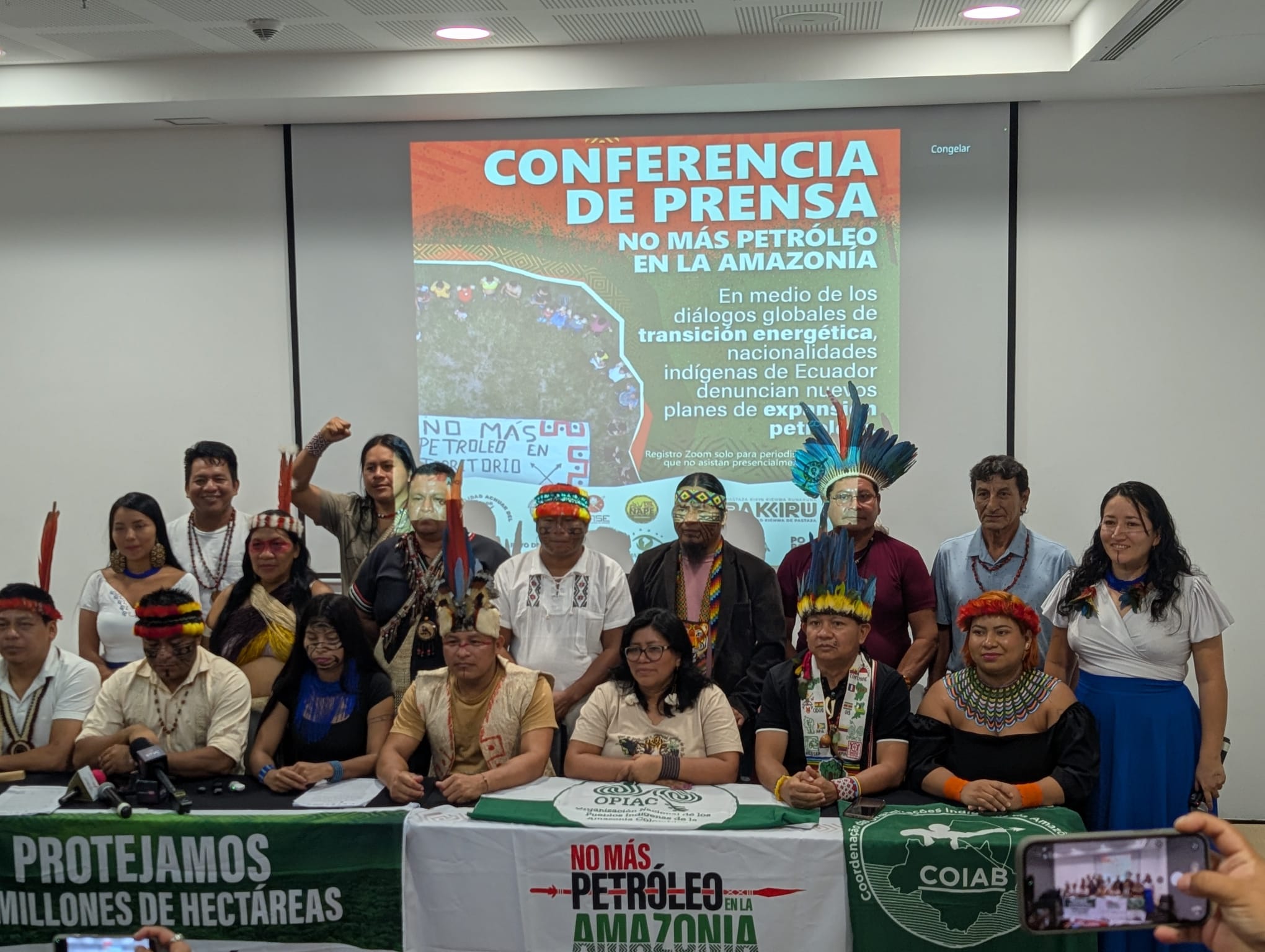 Amazonian Indigenous groups at a panel event denouncing new fossil fuel projects in Ecuador