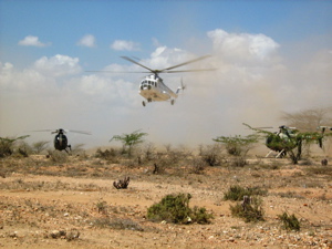 Helicopters drop soldiers near a village after shooting villagers